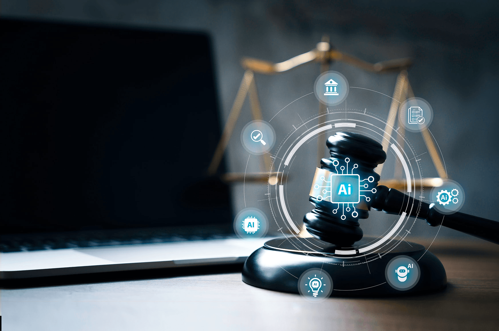 A digital gavel surrounded by technology icons representing artificial intelligence in a legal context.