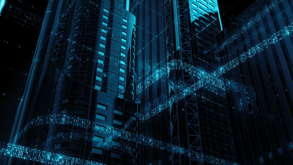 A futuristic cityscape with blue neon lights and towering skyscrapers.