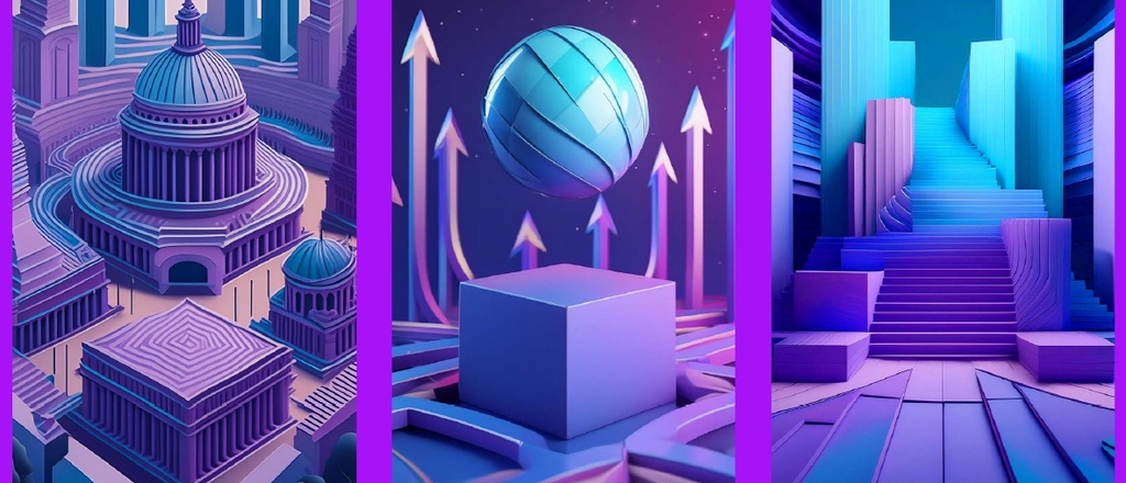 A triptych of vibrant purple-toned illustrations featuring futuristic architectural structures.