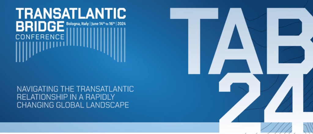 Banner for the Transatlantic Bridge Conference 2024 in Bologna, Italy featuring the date and theme about navigating transatlantic relationships.