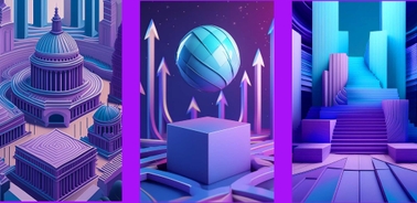 A triptych of vibrant, stylized illustrations featuring an iconic building, a sphere with arrows, and a staircase leading to glowing doors.