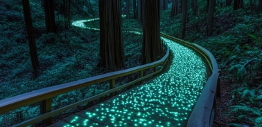 A glowing pathway winds through a forest, illuminated by teal lights.