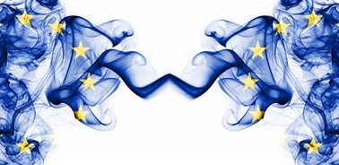 A symmetric abstract design with blue smoke and yellow stars on a white background