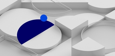 Abstract geometric composition with overlapping shapes and a blue semicircle on a gray background.