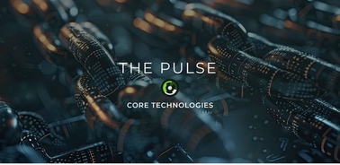 A futuristic illustration featuring interconnected chains and a central logo.