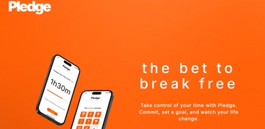 An advertisement for the Pledge app featuring two smartphones displaying the app interface on an orange background.