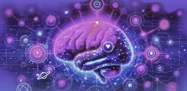 A digital representation of a brain surrounded by glowing technology and cosmic elements.