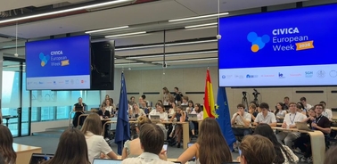 A conference session during CIVICA European Week with participants and presentations.