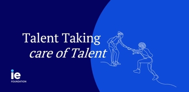 A graphic image depicting one figure helping another up, with the text 'Talent Taking care of Talent' alongside the IE Foundation logo.