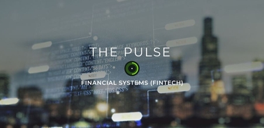 A digitally rendered image representing financial systems and fintech concept with city skyline in the background.