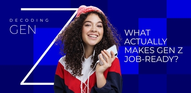 A young woman with curly hair is smiling and holding a smartphone while listening to music.