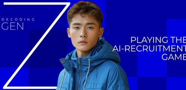 A young man in a blue jacket poses in front of a blue background with text about Generation Z and AI recruitment.