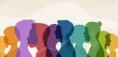 A colorful silhouette illustration of diverse faces in profile view.