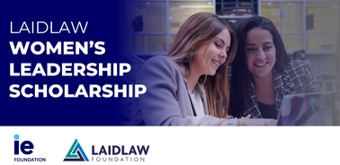 Two women are looking at a laptop and smiling, with text about the Laidlaw Women’s Leadership Scholarship on top.