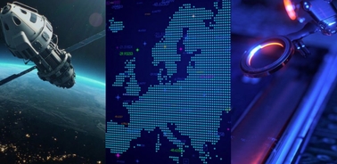 This image features a spacecraft in space, a digital map of Europe, and a close-up of futuristic technology.