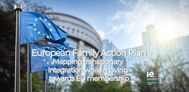 A European Union flag flutters in front of a building, with text overlay about the European Family Action Plan.