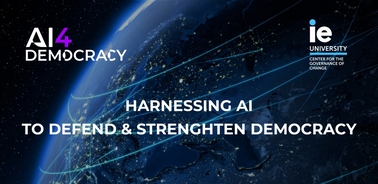 A visual representation promoting the use of AI to support and enhance democratic values.