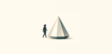 A silhouette of a person walking towards a large geometric cone shape.