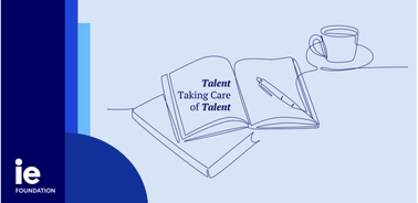 A line drawing depicting an open book with the text 'Talent Taking Care of Talent', a pen, and a coffee cup on a table.
