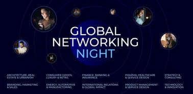 A promotional banner for Global Networking Night highlighting various professional fields with representative images in circular frames.