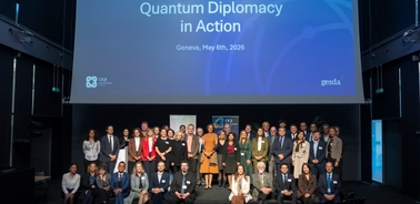 A large group of professionals gathered for a conference on quantum diplomacy in Geneva.