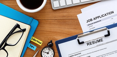 A desk scene featuring a job application, resume, glasses, a notebook, a cup of coffee, and a clock.