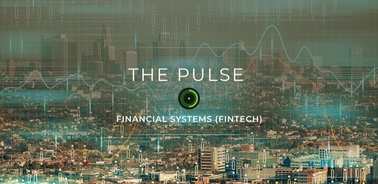 A digital visualization themed around financial systems with a cityscape background.