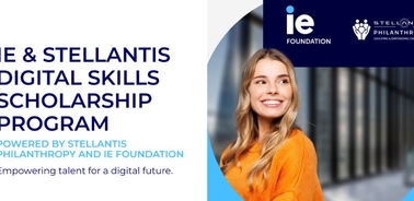 A promotional image for the IE & Stellantis Digital Skills Scholarship Program highlighting empowerment in digital skills.