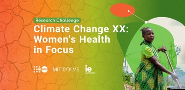 A promotional graphic for a research challenge titled 'Climate Change XX: Women's Health in Focus', featuring a woman in a green field.