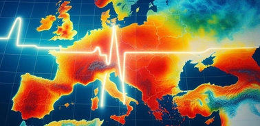 A colorful heatmap representing Europe with an ECG line overlay.
