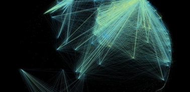 A digital representation of interconnected networks across a globe.