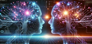 The image depicts two human-like silhouettes facing each other, with their heads filled with colorful, glowing neural patterns and circuits.