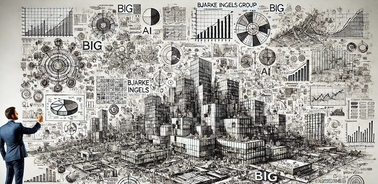 A man in a suit stands in front of a detailed, artistic mural depicting a futuristic city with various graphs and designs.