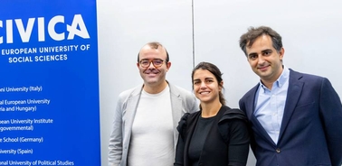 Three people smiling and posing in front of a banner that reads 'CIVICA - The European University of Social Sciences' with university logos listed.