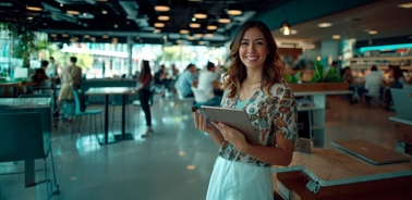 A smiling woman holding a tablet in a busy restaurant or cafe setting.