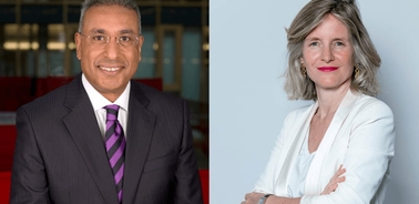 A split image of two professionals, a man on the left in a suit and a woman on the right in a white blouse, each in an office setting.