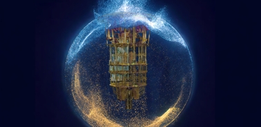 A quantum computer surrounded by a colorful particle effect.