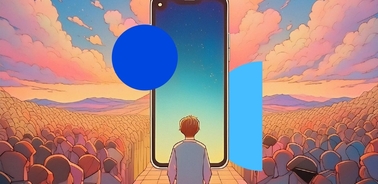 A stylized illustration of a person standing before a giant smartphone, with an expansive crowd of faceless figures stretching into the horizon under a colorful sky.