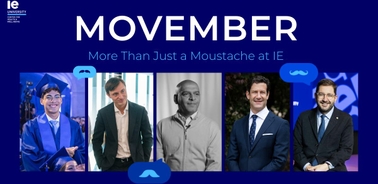 A promotional graphic for Movember featuring four men, highlighting awareness at IE University.