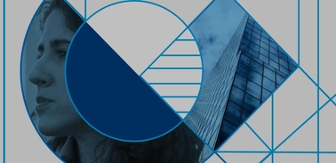 A graphic design combining an image of a young woman with a skyscraper, overlayed by geometric shapes in blue tones.