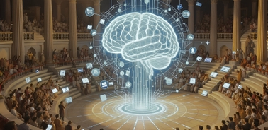 A futuristic scene depicting a brain surrounded by digital icons in a grand amphitheater filled with an audience.