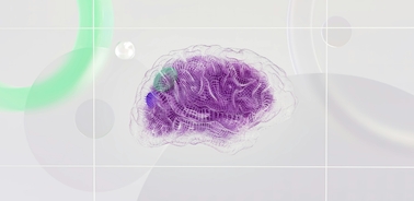 A digital representation of a brain with a purple mesh design against a light background.