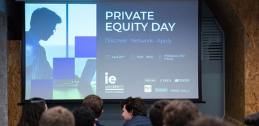 A presentation screen announcing a Private Equity Day event at a university.
