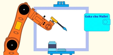 A robotic arm is poised to draw on a blank canvas beside a wallet labeled 'Gaka-chu Wallet'.