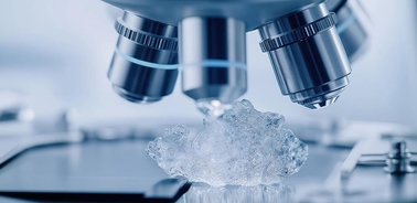 A close-up view of a microscope focusing on a sample of water droplets.