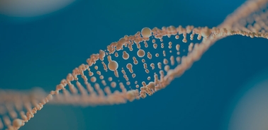 A close-up view of a DNA strand with bubbles, set against a blue background.