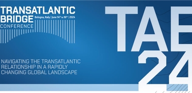 Banner for the Transatlantic Bridge Conference 2024 in Bologna, Italy featuring the date and theme about navigating transatlantic relationships.