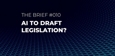 The image features a graphic with the title 'AI to Draft Legislation?' on a dark, textured background.