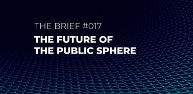 An abstract design featuring a futuristic theme with text about the future of the public sphere.