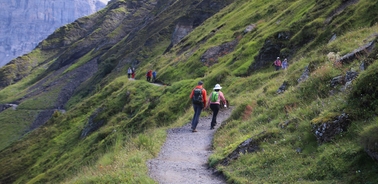 Hikers walking on a mountain trail surrounded by lush green grass and steep cliffs.